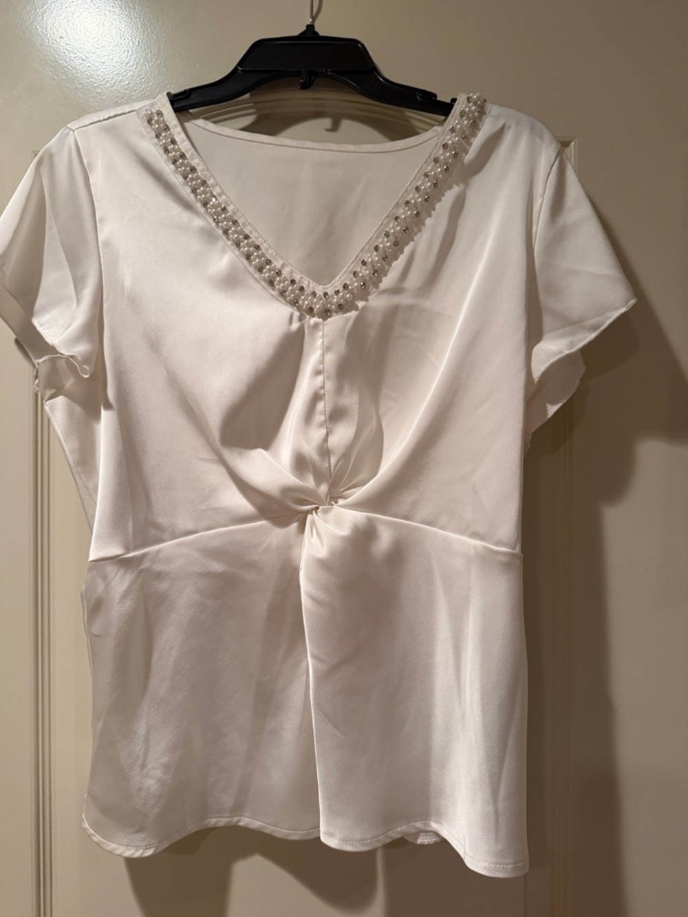 SHEIN White Pearl-Trim V-Neck Knot Front Blouse